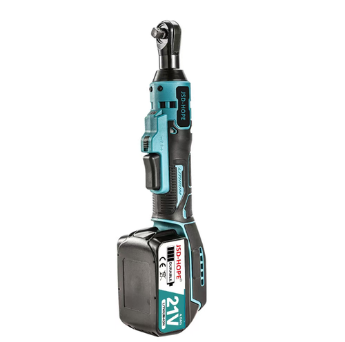 This wireless lithium battery ratchet wrench features a 90-degree elbow design, making it suitable for operations in confined spaces. It supports forward and reverse rotation switching and can be paired with multiple-sized sockets for quick disassembly and assembly of bolts. The entire set includes a battery, charger, and tool storage box. The handle is anti-slip, making it suitable for auto repair and equipment maintenance. It avoids prolonged overload during the operation.