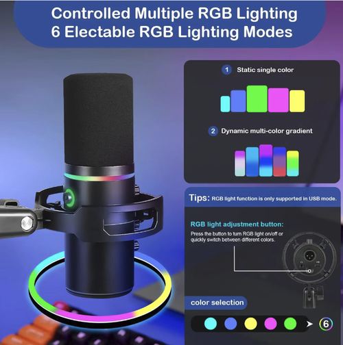 This dynamic microphone features a heart-shaped directional pickup that effectively blocks noise and delivers clear and full human voices. The RGB ambient light and physical knob provide convenient control. It is a two-in-one plug-and-play device, with a desktop stand that is stable and shock-resistant and comes with complete accessories. It is an essential audio recording tool for live streamers, audio recording and voice dubbing.