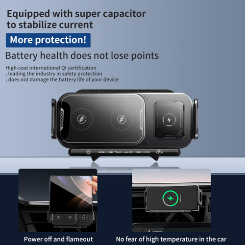 A dedicated car-mounted wireless charging stand for foldable screens, featuring 15W fast charging and super capacitor technology. It can be opened and closed electrically with one click and supports horizontal and vertical screen switching. Made of aviation aluminum, it is compatible with all foldable screen models. It clamps firmly without damaging the device and is an efficiency-enhancing must-have for foldable screen users for car charging and navigation.