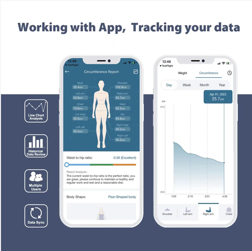 This mini electronic digital tape measure is a handy tool for measurement: 0.1cm precise digital display + automatic locking. One person can easily measure dimensions. The data is synchronized with the APP to generate a change curve. It is compact and portable in the palm of your hand. It is suitable for fitness, weight loss, dressing, and home use. It makes measurement free from vague estimation.