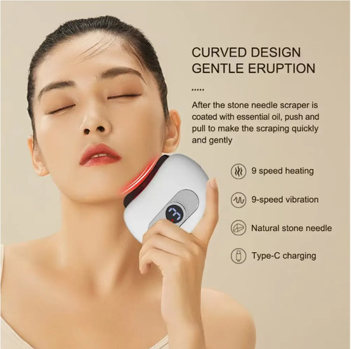 This electric stone needle gua sha board: The natural stone needles emit far-infrared and ultrasonic pulses. It has 9 levels of heating and 9 levels of vibration. The curved design fits multiple areas. It supports Type-C fast charging and is portable. It can instantly relieve facial swelling, relax the shoulders and neck, and soothe the muscles. You can enjoy professional-grade gua sha SPA right at home.