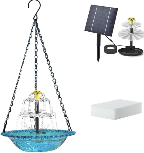 Solar waterfall bird bath fountain, with no plug-in design. The double-layer waterfall nozzle produces a gentle flowing water sound. The glass bird bath basin can attract birds to settle. It can be hung or placed, suitable for various outdoor scenarios. Regular cleaning can keep the water clear, and it is easy to create a soothing courtyard water feature. It is a good decorative and practical item for outdoor water features.
