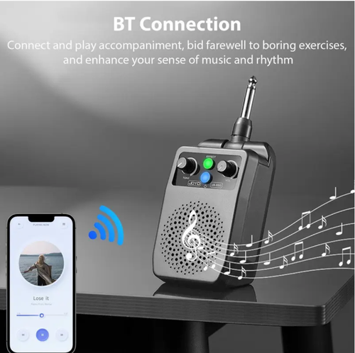 Electric guitar portable speaker. It has 4 built-in effects such as clear tone and overload. You can switch them with one click to adapt to various styles of music. It supports Bluetooth connection with your mobile phone for playing. The battery has sufficient power and can be connected to headphones for silent practice. With a small size, it has excellent sound quality and is durable and portable. It is the perfect companion for practicing guitar in your pocket.