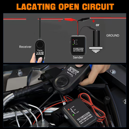 The vehicle circuit line detection instrument consists of a transmitter and a receiver. It can non-destructively detect short circuits and open circuits in the vehicle's low-voltage circuits. It locates the fault point by tracking the signal, has dual working modes, and provides strong or weak sound feedback signals. The operation is simple and it is suitable for vehicle repair and maintenance. Remember to turn off the power before using it.