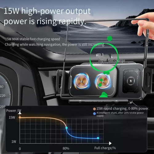 A dedicated car-mounted wireless charging stand for foldable screens, featuring 15W fast charging and super capacitor technology. It can be opened and closed electrically with one click and supports horizontal and vertical screen switching. Made of aviation aluminum, it is compatible with all foldable screen models. It clamps firmly without damaging the device and is an efficiency-enhancing must-have for foldable screen users for car charging and navigation.