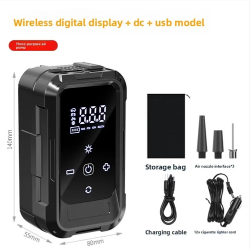 Portable vehicle-mounted wireless inflation pump, with high-definition digital display screen, capable of presetting tire pressure, and automatically stops when fully inflated. Supports dual power supply of lithium battery wireless and vehicle cigarette lighter, comes with a built-in lighting lamp, can be paired with multiple air nozzles, suitable for use in cars, balls, and inflatable products. Comes with a storage bag, suitable for emergency inflation during driving.