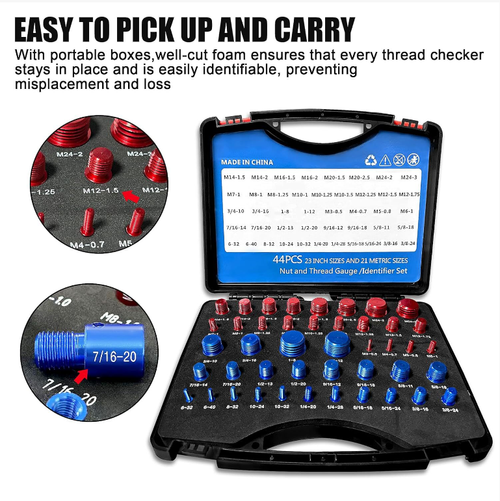 44-piece bolt and nut thread inspection tool set: A precise matching tool, including 21 bolts + 21 nut thread gauges, covering common metric and imperial specifications. It offers efficient and accurate detection. Made of high-hardness material, the box cover is equipped with a specification table, and the compartments have card slots for storage. Say goodbye to thread mismatch, saving time and preventing rework.