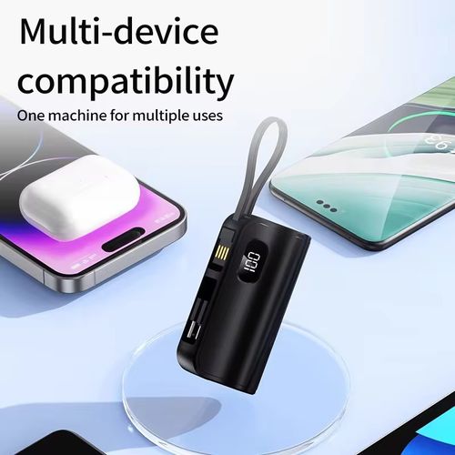 Capsule mini power bank, mini dock plug digital display mobile power bank 3-in-1 KC phone holder 10W dual-head built-in cable dual charging head