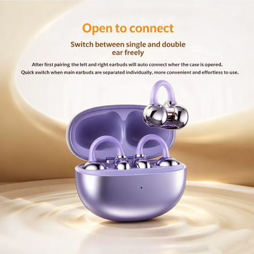 Bone conduction ear clip-type Bluetooth headphones, with an open non-in-the-ear design, lightweight and clip-on ear-wearing, not likely to fall off during exercise. Support fingerprint touch control, Bluetooth wireless connection, can be used with one or both ears, and come with a microphone. Suitable for fitness and commuting. Keep the headphones dry and clean during daily use, and avoid listening at high volume for long periods.