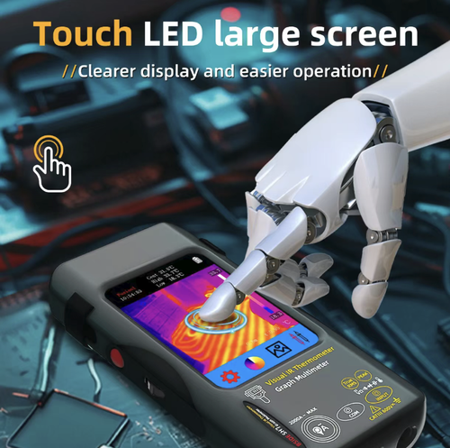 Touchscreen infrared thermal imaging multimeter, featuring both thermal imaging temperature measurement and electrical measurement functions. The high-definition color screen displays the temperature difference in the temperature zone in real time, with high measurement accuracy. It can detect circuit overheating and floor heating leakage faults, and has an insulated and safe body that is portable and durable. It is suitable for electricians, industrial inspections, and home decoration repairs.