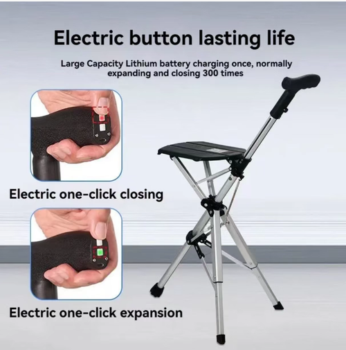 This multi-functional walking stick folding chair can be transformed with just one click to switch between a walking stick and a sitting stool. It can support up to 120kg with three legs. The aircraft-grade aluminum is lightweight and not heavy. The ergonomic handle is non-slip and easy to hold. The electric model has automatic extension buttons, making it extremely convenient for strolling, queuing, and outdoor use. It can be carried in a pocket without taking up space.