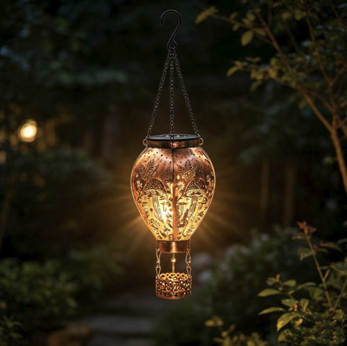 A hot air balloon-shaped solar ironwork pendant light. With a retro distressed material that is rust-proof and waterproof. The design features a hollow mushroom and butterfly pattern. It casts beautiful light at night. Solar-powered for self-charging. Controlled by light, it automatically turns on and off without the need for wiring. Suitable for hanging in the garden or balcony, it can easily create a cozy and pleasant outdoor atmosphere.