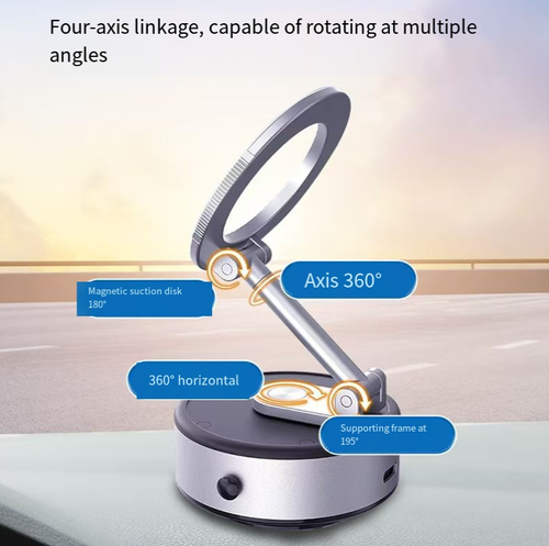 This zinc alloy magnetic support: With a 25KG vacuum suction that is as stable as a rock, it features four-axis linkage for 360° rotation and free angle adjustment. It can be magnetically attached and detached, folded for portability. The zinc alloy material is durable and sturdy. It is suitable for all scenarios such as in vehicles, on desks, or during business trips. Once placed, it will remain stable, eliminating screen shaking and residue from past attachments.