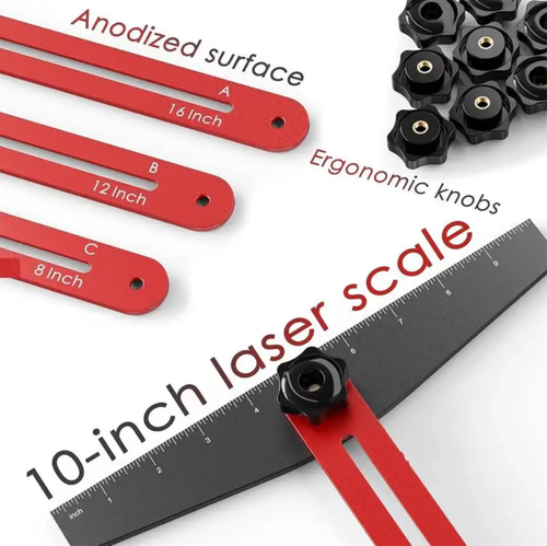 Multi-functional staircase measuring folding ruler, made of aluminum alloy. Multiple sections of ruler rods can be freely combined and adjusted. The knob locks for positioning. The scale is clear. Suitable for measuring and laying out stair treads, cabinets, and irregular corners. Comes with spare parts and storage bag. Convenient for carrying and storage. Applicable for layout in woodworking and decoration sites, as well as DIY processing.
