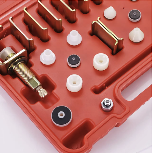 A complete set of leak detection and sealing tools for car air conditioning. It is compatible with various types of vehicle pipes and can be used for pressure testing to achieve airtightness and accurately locate refrigerant leaks. The accessories are stored in an anti-drop toolbox. The sealing gasket has strong airtightness. It is specifically used for leak detection, sealing and repair of vehicle air conditioning systems in auto repair shops. The operation is convenient and efficient.
