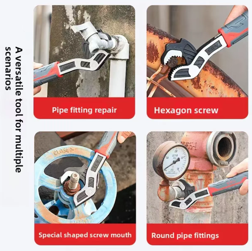 12-inch self-locking adjustable wrench. The three-sided serrated teeth have a strong grip without slipping. The head is hardened to increase hardness and is electroplated with reflective coating for rust prevention. The spring reset is effortless. It is suitable for various scenarios such as water pipes and screws. It can be used as a single tool or multiple tools in one. It is convenient for both household use and maintenance in construction sites.