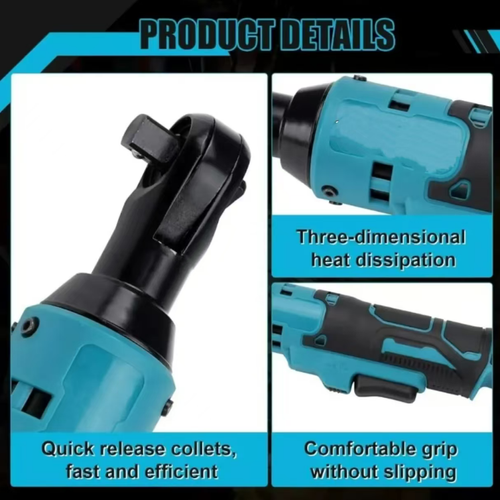 This wireless lithium battery ratchet wrench features a 90-degree elbow design, making it suitable for operations in confined spaces. It supports forward and reverse rotation switching and can be paired with multiple-sized sockets for quick disassembly and assembly of bolts. The entire set includes a battery, charger, and tool storage box. The handle is anti-slip, making it suitable for auto repair and equipment maintenance. It avoids prolonged overload during the operation.