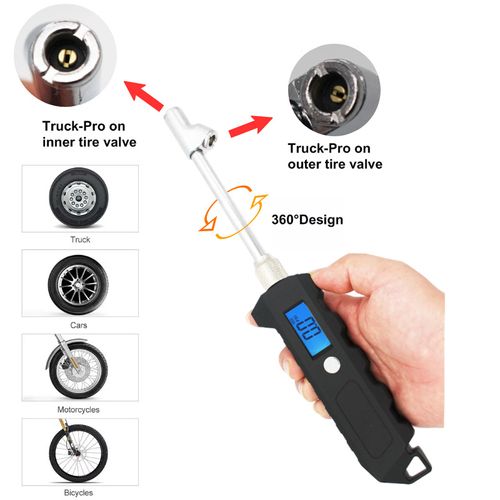 Professional automotive repair-grade long-rod digital tire pressure gauge with 360° rotatable probe, precisely adapted to the valve stems of both inner and outer tires of heavy-duty trucks. Equipped with LED lighting and high-definition backlit digital screen. Anti-drop and anti-slip portable design. Universal for all vehicle types (cars, motorcycles, bicycles). High-precision tire pressure detection tool.