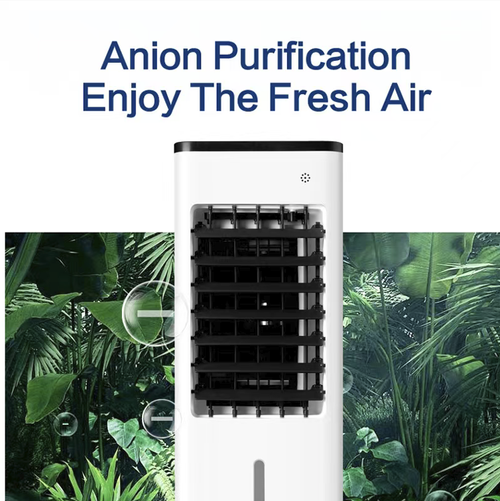 This household air conditioning fan uses water-cooling for cooling, and can quickly lower the temperature by adding water or ice crystals. It is equipped with a 10L large water tank and an easy-to-add-water design, supporting overnight power supply,  it also has built-in negative ion purification, providing fresh air. It has multiple speed settings that can be adjusted, and the bottom swivel wheels make it easy to move, making it an energy-efficient and practical choice for cooling in summer.