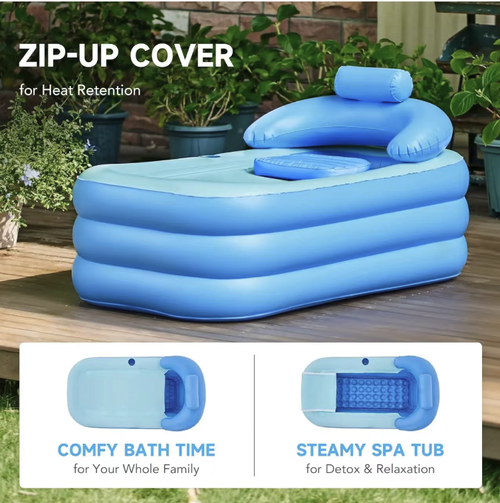 A three-layer thick inflatable bathtub, stable and not prone to collapse. Equipped with a temperature-keeping cover that keeps the water warm for a long time. The backrest headrest fits the waist and back, and it comes with a built-in seat cushion, cup holder and drainage outlet. After use, it can be folded and stored without taking up much space. It is suitable for adults to relax and soothe their minds when at home or for renting and household use.