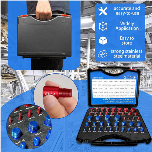 44-piece bolt and nut thread inspection tool set: A precise matching tool, including 21 bolts + 21 nut thread gauges, covering common metric and imperial specifications. It offers efficient and accurate detection. Made of high-hardness material, the box cover is equipped with a specification table, and the compartments have card slots for storage. Say goodbye to thread mismatch, saving time and preventing rework.