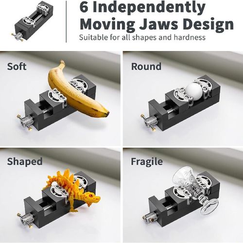 The fractal precision vise that breaks free from the limitations of traditional fixtures: 6 independent movable jaws form a complete shape and hardness-adaptive system. It covers both 58mm regular workpieces and 62mm irregular workpieces. It can easily fix various objects such as bananas, spheres, dragon-shaped ornaments, and glassware. It replaces the traditional single-point force-bearing and easily-sliding tool with a new option of multi-contact stable clamping.