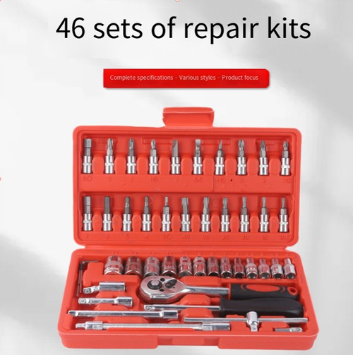 46-piece Set,Ratchet Multi-functional Combination Wrench, featuring 46 tools including various socket sizes and ratchet wrenches, suitable for automotive maintenance, home assembly,disassembly, and outdoor equipment maintenance. The 72-tooth ratchet is also flexible in compact spaces. Made of chrome-vanadium steel, it is durable. The storage box is clearly categorized, making it a must-have tool for professional auto repair and daily maintenance.