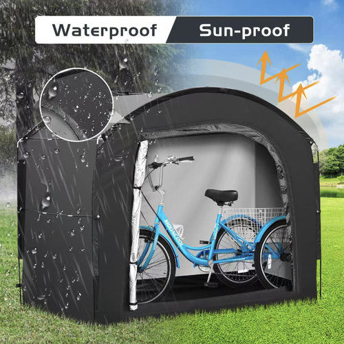 Outdoor folding bicycle tent, 210D Oxford fabric, can provide shade, rain protection and dust prevention. It can be used for parking the bicycle or for camping and picnics. Fiberglass frame, easy to set up, small storage volume, equipped with a storage bag and ground pegs. Suitable for short-distance cycling and camping. Do not use in bad weather. Provides basic shade and dust protection for the bicycle and personal belongings.