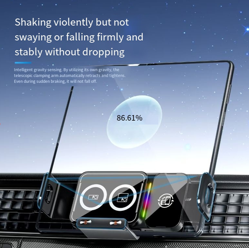This wireless charging stand is compatible with all models, with the gravity-sensing arm automatically tightening. It remains stable even during sudden braking or jolts. It can be extended and retracted with one hand with a single click. It can switch between portrait and landscape modes with a single click. The wireless fast charging is line-free. The foldable screen can also be securely adapted and fastened. It is convenient and tidy to use for commuting and driving.