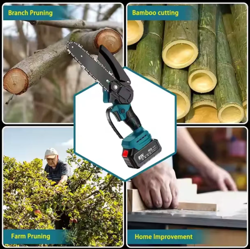 Hold the single-hand lithium battery electric saw. The lightweight design allows for single-handed operation. The wireless lithium battery eliminates constraints. The hardened alloy chain cuts quickly and is wear-resistant. The protective shield + self-locking switch is safer. It is suitable for garden trimming, camping fire preparation, etc. It is a practical choice for efficient cutting. Make the courtyard and outdoor living more convenient