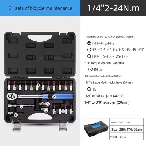 32-piece adjustable torque wrench set, suitable for various specifications of bolts. Adjustable torque range covers common usage, automatically disengages when reaching the preset value to avoid over-tightening or loosening. 72-tooth ratchet head is easy to adjust, the handle is anti-slip and saves effort. It can be used in narrow spaces and is suitable for both auto repair and DIY assembly, allowing precise and controllable screw tightening.