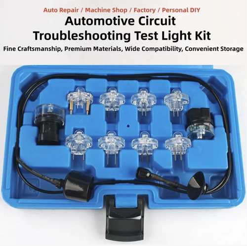 Automobile fuel injector circuit detection tool kit. It features multiple connectors that are compatible with various vehicle models. By observing the flashing status of the indicator lights, you can quickly identify faults in the fuel injection system and the circuit. The cables are durable. The entire set comes with a portable storage toolbox, making it convenient and useful for both vehicle repair and self-testing.