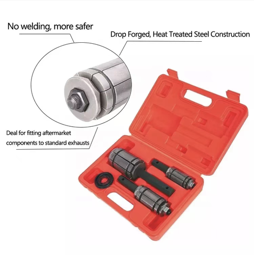 Automotive exhaust pipe expansion tool, suitable for pipe diameters of 29-89mm. Three sets of expansion heads cover all common specifications. Made of alloy steel, it is sturdy and wear-resistant. The manual mechanical expansion mechanism applies force evenly, and the expansion opening is smooth without damaging the pipe wall. The complete set comes with a pressure-resistant storage box, which is portable and easy to store.