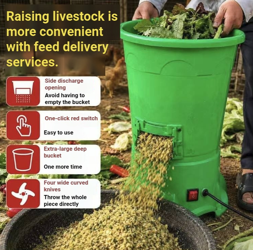Bucket-type electric vegetable chopper is suitable for crushing green vegetables and cabbages for home farming, as well as for making poultry green feed. The thick plastic bucket body is easy to operate, with one-button start and stop, a large feeding port, and uniform chopping of vegetable leaves. It is convenient to clean and occupies a small space. It is a practical tool for small-scale farmers to handle green feed.