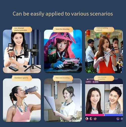 This neck-mounted headset integrates a sound card, microphone and monitoring function. It is compatible with both Android and iOS systems. It has zero delay for synchronous monitoring. The remote control is very convenient for adjusting the sound effect. The headset is lightweight and does not shake. It filters noise and enhances sound quality. It is suitable for product promotion, outdoor recording, and game live streaming. Novices can instantly become professional hosts.