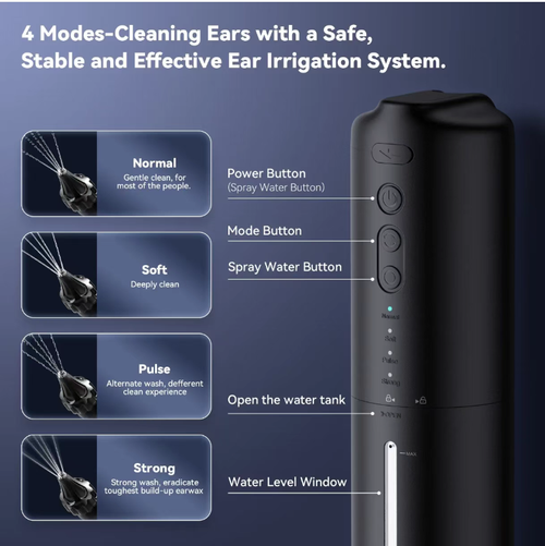 This ear cleaning device eliminates the troubles of ear pain and earwax blockage. It has 4 cleaning modes suitable for various needs - gentle, pulsating, strong. The five three-stream water flow is controllable in hardness. The folding nozzle is waterproof and can be used for showering. The water level is controlled by a scale tank. The operation is simple, and the whole family can easily perform at-home ear care.