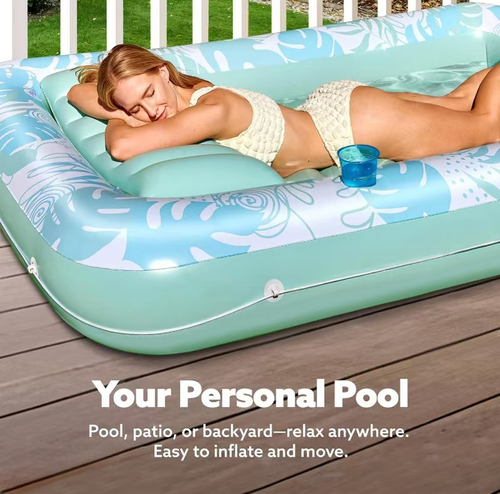 Hand Pump Gift This eco-friendly PVC single-person floating platform measures 70×46 inches. The wide space is combined with a cup groove design, making it convenient for inflation and deflation, and easy to fold and store. It can be used as a semi-submerged floating bed in the swimming pool for a cool experience, or as a mini pool on the terrace or backyard. It is a cool and comfortable companion for various summer scenarios.