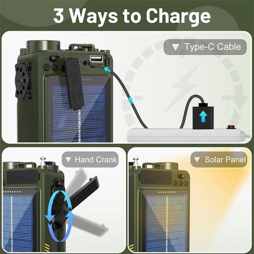 German Battle-ready Radio,An All-round Outdoor Emergency GadgetIt integrates NOAA multi-band radio, Bluetooth speaker, three charging methods of solar + hand crank + USB (4000mAh power bank), SOS alarm, strong flashlight, and high-precision compass. It is a survival hub for outdoor adventures and family emergencies, providing full protection for your communication, power supply, lighting, and navigation in extreme scenarios.
