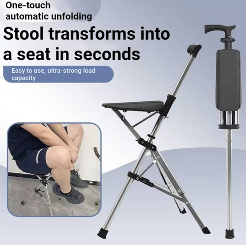Portable folding walking stick, which can switch between the form of a walking stick and a seat. The frame is lightweight and comes with anti-slip foot pads. Once unfolded, it can be used as a temporary seat. When stored, it is slender and easy to carry. It is suitable for walking and short trips. When using, place it on a flat surface, lock the buckle before sitting down, and wipe and store it after use.