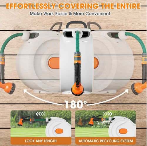 Automatic water pump that automatically extends and retracts, eliminating the mess of tangled pipes. Suitable for various scenarios such as car washing, garden watering, and floor cleaning. Comes with 8 water gun modes and 50 feet of hose, with 180° rotation installation and sturdy durability. It ensures efficient and clean cleaning, making it a great helper for multiple cleaning scenarios.