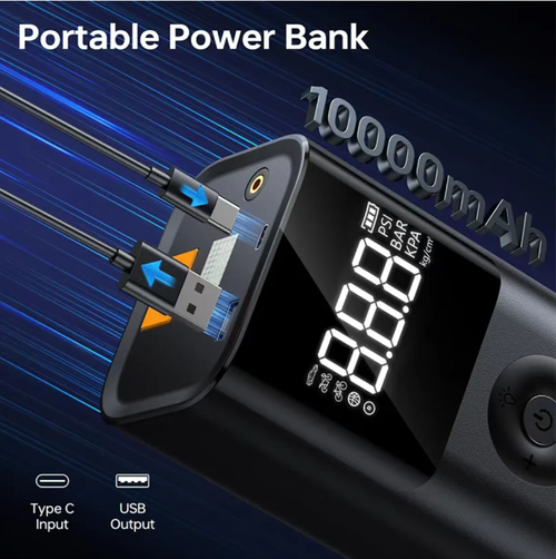 This all-in-one vehicle emergency device integrates functions such as powering up (starting a 12V vehicle), inflating (with 150 PSI and tire pressure monitoring), lighting, tire pressure monitoring, and a 10000mAh power bank. It features military-grade safety design, portability and ease of operation. It is an essential travel companion for car owners to deal with emergencies such as low battery, flat tire and power failure.