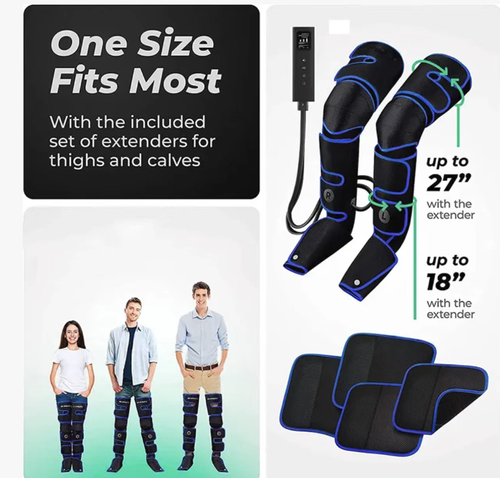 Full-leg air pressure hot compress massage device. It uses segmented airbags to knead the sole of the foot to the knee. Multiple pressure levels can be adjusted. The knee is heated continuously to relieve joint discomfort. It can be controlled with one button and is easy to operate. It can be folded and stored for portability. It is a thoughtful care product for people who stand or sit for long periods, to relieve their legs.