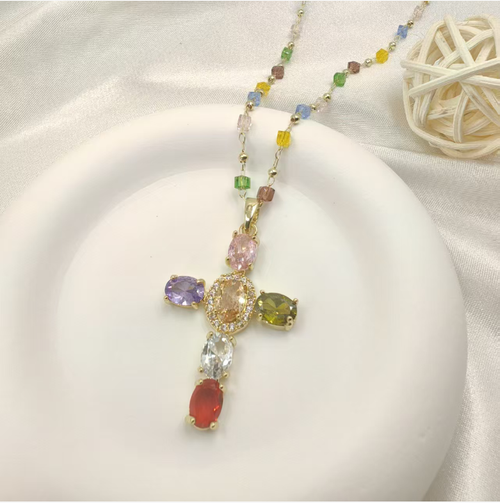 Place your order today and you will receive 2 colorful zirconium high-end style full-diamond sweet and cool cross necklace. The dazzling and eye-catching necklace is adorned with colorful zircons, and the fine chain fits the neck perfectly. It combines sweet and cool with retro high-end style, suitable for various fashion styles. A beautiful gift box is included, making it an eye-catching choice for individual outings.
