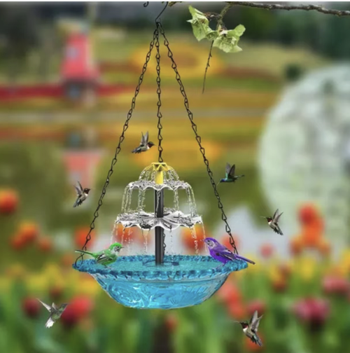 Solar waterfall bird bath fountain, with no plug-in design. The double-layer waterfall nozzle produces a gentle flowing water sound. The glass bird bath basin can attract birds to settle. It can be hung or placed, suitable for various outdoor scenarios. Regular cleaning can keep the water clear, and it is easy to create a soothing courtyard water feature. It is a good decorative and practical item for outdoor water features.