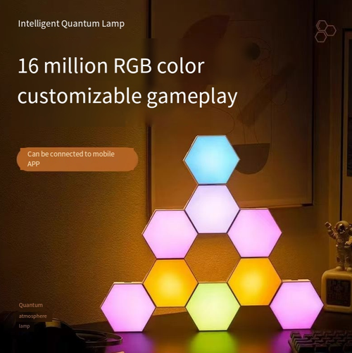 This set of RGB quantum lights is an atmosphere-enhancing wonder: The hexagonal light blocks can be freely customized in shape, and 160 million colors can be adjusted at will. It offers multiple control methods including voice control and app control. It can be installed without drilling holes without damaging the wall. It is suitable for gaming rooms, bedrooms, and living rooms, and can be easily used to create a cyber-chic space.