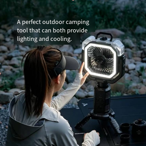 An outdoor multi-functional camping charging fan with a telescopic tripod stand that can be hung or placed horizontally. It can adjust the wind direction in 360°. It comes with a circular camping lamp, wireless remote control for timing, a large-capacity battery for long-lasting power, and supports reverse charging for USB phones. It is an indispensable multi-functional portable fan for outdoor activities in summer.