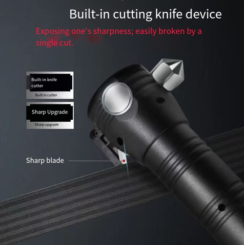 High-hardness tungsten steel window breaker, shatters car windows with a single strike. Hidden seat belt cutting knife, quickly frees you from danger. Five-level light adjustment: main light emits strong far-reaching light and flashes for emergency calls, side lights provide diffuse illumination. The rear part is equipped with a compass, USB fast charging. Compact and portable, it is not only a lighting tool but also a life-saving device for travel.