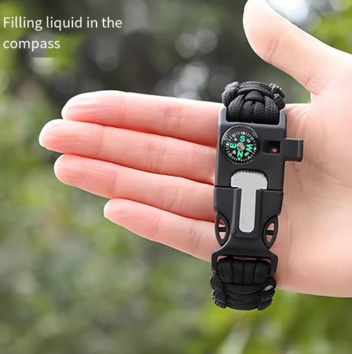 It integrates a compass, a fire starter, a survival whistle, a 7-strand rope, and a cutter. It is lightweight and portable, resembling a piece of jewelry. The fire starter is suitable for both dry and wet conditions, and the compass is shock-resistant and highly accurate. It is suitable for navigation during camping, calling for help while hiking, and emergency binding. It can serve as both a daily decoration and a life-saving tool.