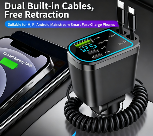 180° rotation is super flexible, suitable for most vehicle models, and it can also automatically store the cables! This car charger is extremely convenient for charging. It makes the charging in the car free from clutter and helps your electronic devices quickly recharge!