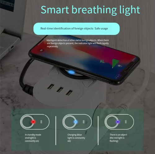 For a wireless charging socket, simply place the device that supports wireless charging on the wireless charging area of ​​the socket, and charging will start automatically, truly realizing instant charging.